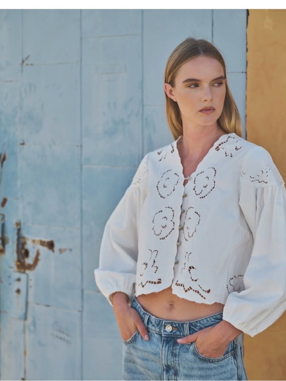 White Eyelet Embroidered Button-Front Blouse